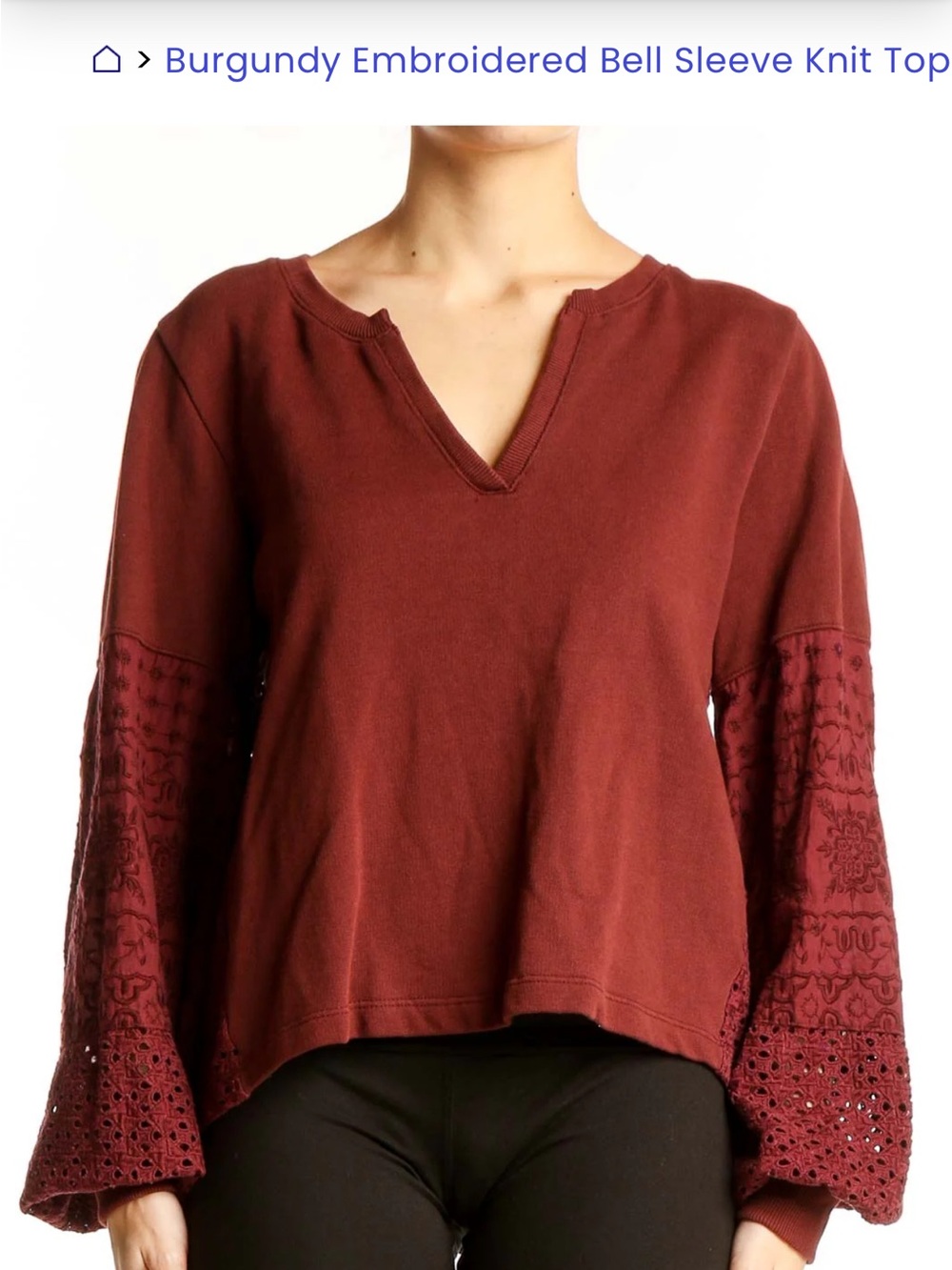 Anthropologie Burgundy Embroidered Bell Sleeve Knit Top